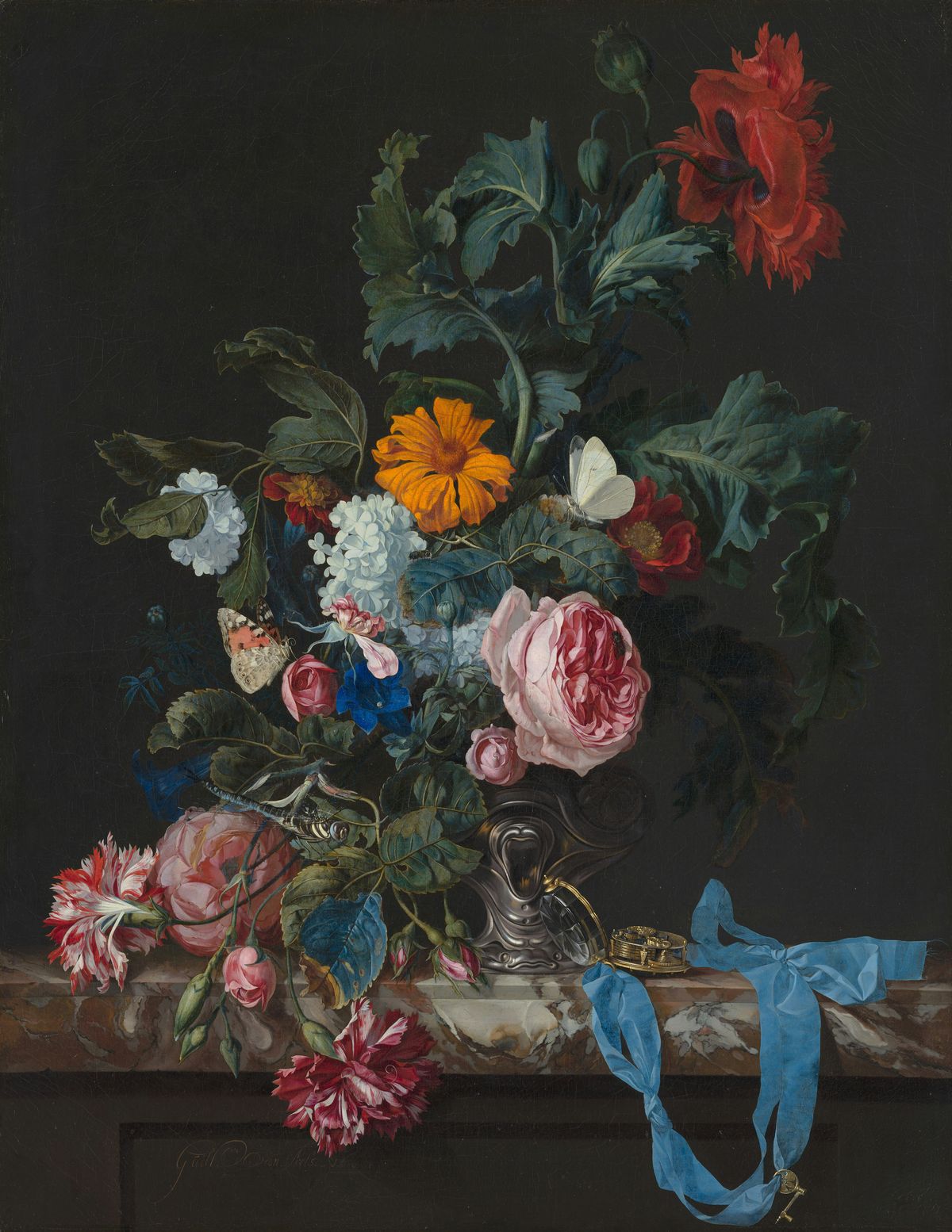 Another floral still life, this painting features a bouquet with roses, poppies, and other flowers in a silver vase. A blue ribbon with a key hangs off the edge of the table, adding a touch of elegance to the composition.