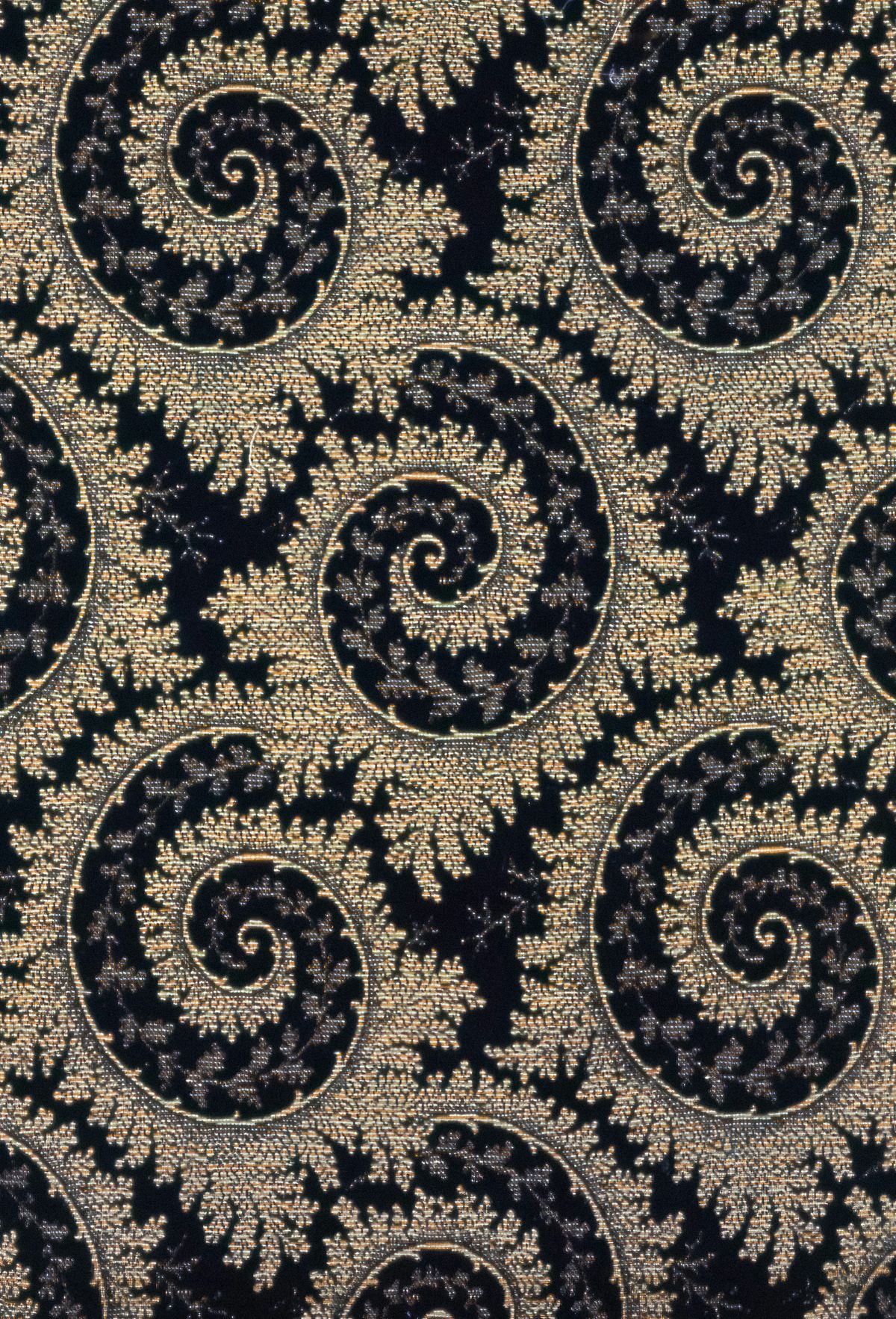 A captivating digital print featuring intricate fractal spirals in shimmering gold against a deep black background, perfect for adding a touch of modern elegance to any space.