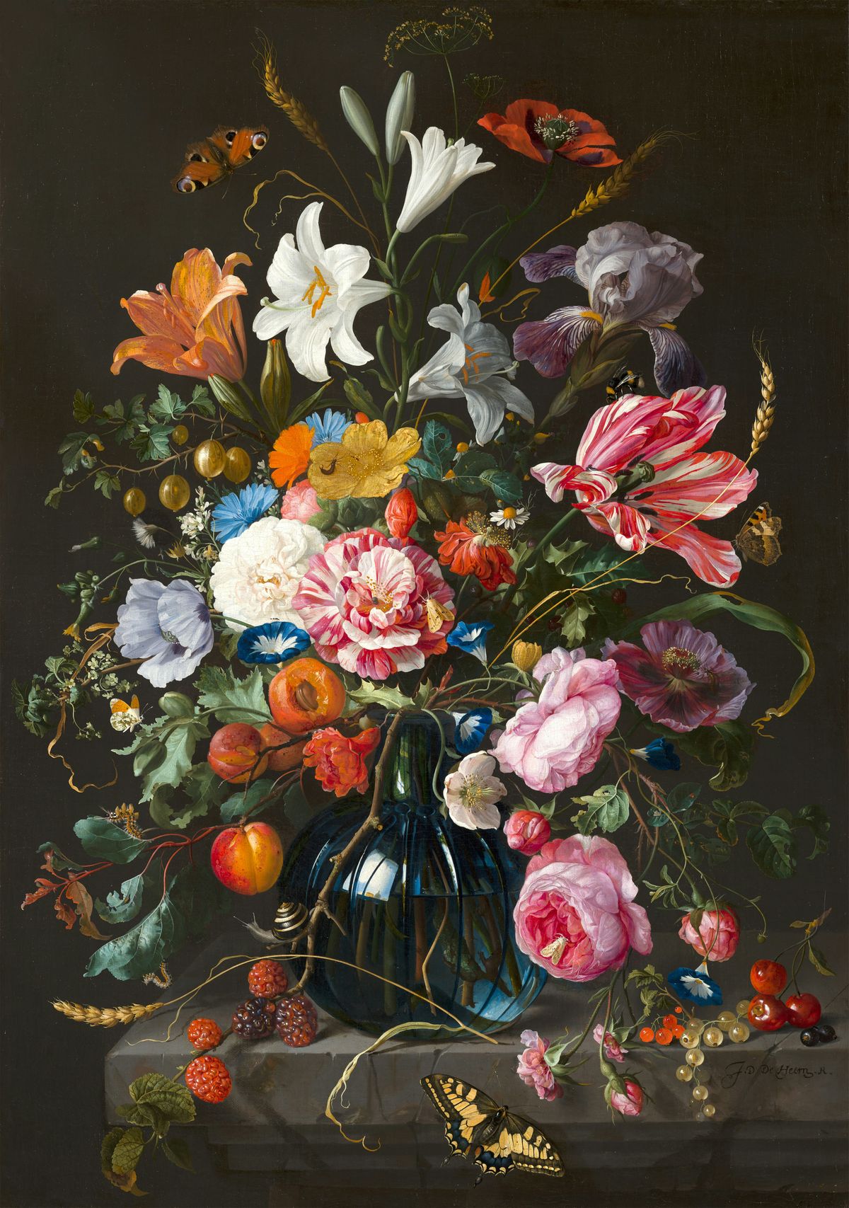 This painting is a classic still life featuring a bouquet of flowers in a blue glass vase. The arrangement includes roses, lilies, tulips, and other blooms, with butterflies and fruits like peaches and raspberries scattered around, set against a dark background.