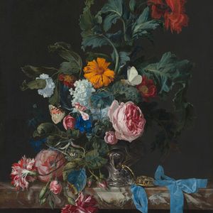 Another floral still life, this painting features a bouquet with roses, poppies, and other flowers in a silver vase. A blue ribbon with a key hangs off the edge of the table, adding a touch of elegance to the composition.