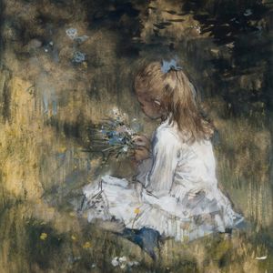 This painting portrays a young girl in a white dress sitting in a field, holding a bouquet of wildflowers. The background is a soft blend of greens and browns, evoking a peaceful, natural setting.