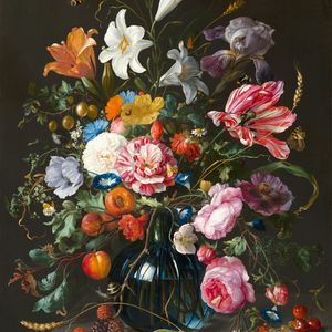 This painting is a classic still life featuring a bouquet of flowers in a blue glass vase. The arrangement includes roses, lilies, tulips, and other blooms, with butterflies and fruits like peaches and raspberries scattered around, set against a dark background.