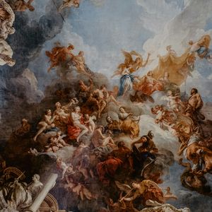 This painting is a dramatic ceiling fresco featuring mythological figures, angels, and warriors in a dynamic composition. The figures are surrounded by clouds, with vibrant colors and intricate details, typical of Baroque or Renaissance art.